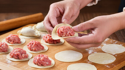 Hands making homemade dumplings with raw minced meat filling on dough circles. Traditional cooking process on wooden board with flour and rolling pin.