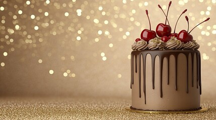 Enjoy a delightful chocolate cake with a glossy cream drizzle, cherries, and golden sprinkles—perfect for a festive occasion!