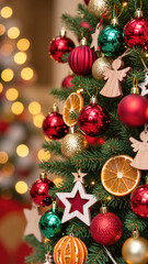 Fototapeta premium Christmas tree decorated with red, gold, green baubles, wooden ornaments, and dried oranges. Festive close-up with warm lights and holiday atmosphere.