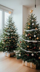 Two festive Christmas trees, adorned with red apples, ribbons, and glowing lights, create a warm, cheerful atmosphere in a bright room