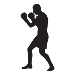 Silhouette of boxer in fighting pose isolated on white background