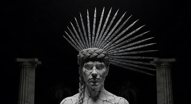Statue with crown of spikes and cracked texture in dark setting
