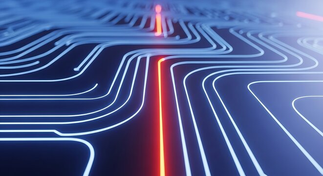 Abstract technology circuit board with glowing red data pathway