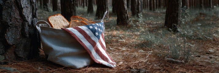Forest picnic basket, rustic bread, bag, flag, serene vibe