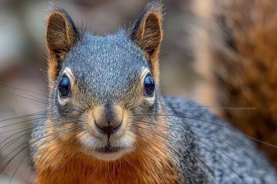 Intimate Close-Up of a Douglas Squirrel Showcasing Ear Tufts and Bushy Tail, Captured in Its Natural Habitat
