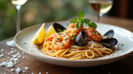 A beautifully plated seafood pasta dish on a rustic wooden table, featuring spaghetti with shrimp, mussels, squid, and clams in a creamy white wine or tomato sauce.