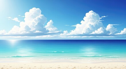 A serene and picturesque tropical beach scene with crystal clear turquoise water gently lapping onto a sandy shore under a vast blue sky filled with dramatic, puffy white cumulus clouds