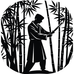 Martial Artist Silhouette Surrounded by Bamboo, Artistic Vector Graphic, Nature on White Background