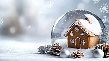 A charming snow globe features a gingerbread house surrounded by festive decorations, while snowflakes gently fall in a cozy, warm-lit setting