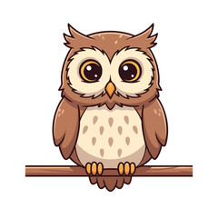 Cartoon owl with big eyes perched on a brown branch illustration