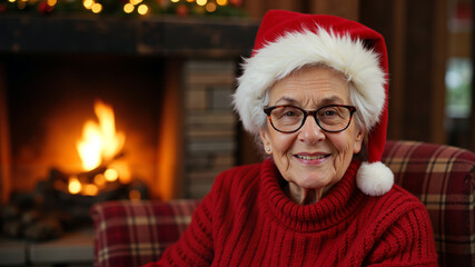 Happy elderly woman with glasses joyfully smiling wearing Santa hat and red sweater against cozy fireplace