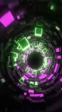 Dynamic motion graphics display of glowing neon green and magenta geometric shapes rotating inward creating an endless hyperbolic vortex green, loop, neon
