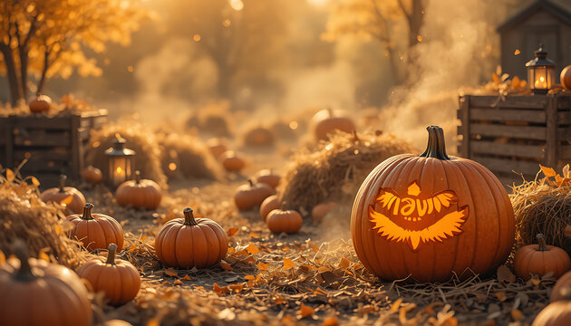Glowing jack o lantern pumpkin with carved spooky face sits in a misty autumn forest surrounded by fallen leaves and other pumpkins at sunset creating a magical halloween atmosphere