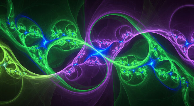  bstract background showing flowing, bioluminescent patterns in vibrant greens and soft purples, resembling a macroscopic view of AI-enhanced organic growth or a synthetic neural network. 