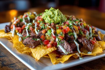 Deliciously Loaded Steak Nachos: A Mouthwatering Mexican Appetizer with Guacamole and Crema