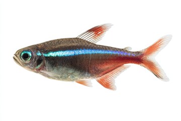 Fototapeta premium Black Neon Tetra: Striking Aquarium Fish with Vivid Blue Highlights on a White Background