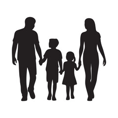 Silhouette of happy family walking together isolated on white