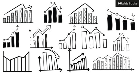 Fototapeta premium Set of 13 hand-drawn growth and decline chart icons. Doodle vector illustration of bar charts and graphs.