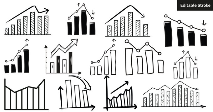 Set of 13 hand-drawn growth and decline chart icons. Doodle vector illustration of bar charts and graphs.