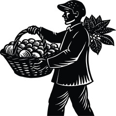 Harvesting Hope Man Silhouette Carrying Basket of Oranges and Foliage on White Background