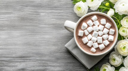 Cup of rich hot chocolate topped with marshmallows beside delicate ranunculus flowers on a dark wooden table with soft lighting
