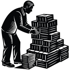 Silhouette of a Man Stacking Brick or Package Boxes Illustration on White Background