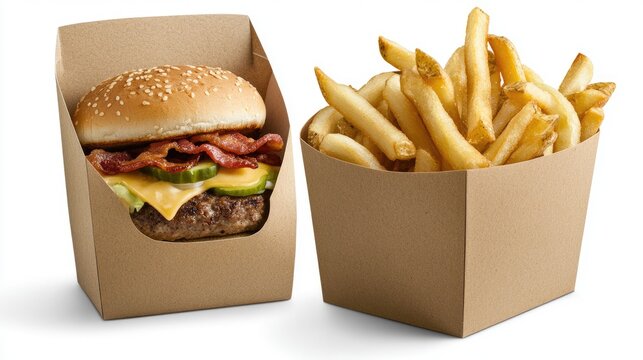 Enjoy a mouthwatering beef burger dressed with lettuce, cheese, and bacon, paired with golden French fries in a stylish basket