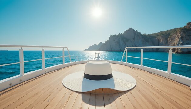 wide angle view of a sun hat on yacht deck facing clear blue ocean and rocky coastal cliffs in