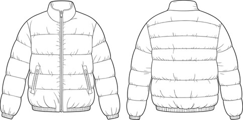 Technical flat sketch of puffer jacket, quilted zip-up design, fashion template, garment construction drawing, apparel illustration, clothing blueprint, vector outline, sewing details