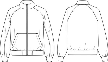 Technical flat sketch of zip-up jacket, fashion design template, garment construction drawing, apparel illustration, clothing blueprint, vector outline, sewing details, raglan sleeve style
