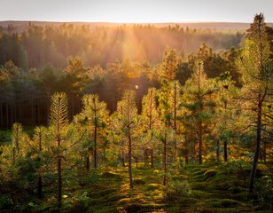 evening light illuminates a nordic pine forest with a shallow depth of field