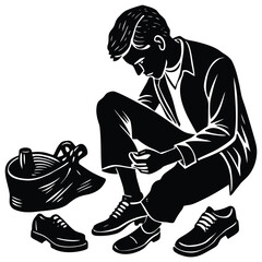 A Man's Silhouette Contemplates Choices with Shoes and a Bag on White Background