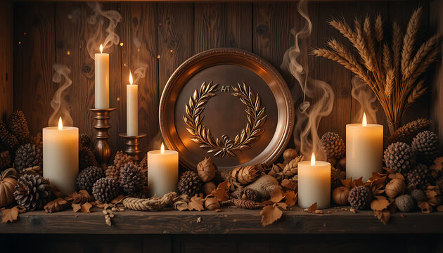 Warm and inviting rustic autumn display featuring glowing candles a decorative metal plate dried leaves pinecones and wheat stalks on a wooden surface evoking a cozy seasonal atmosphere