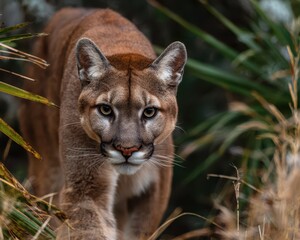Obraz premium Endangered Florida Panther Stealthily Navigates Thick Brush in Pursuit of Prey