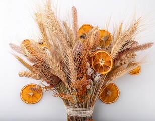 dried flower bouquet with wheat and orange accents white isolated background
