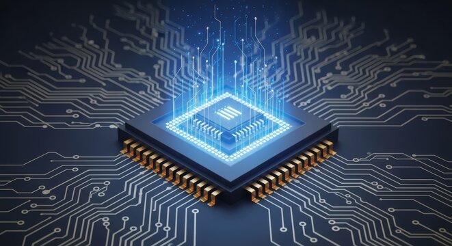 Close-up of a microchip with glowing blue circuits, symbolizing advanced technology and data processing power