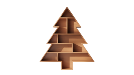 A unique wooden bookshelf designed in the shape of a christmas tree with multiple compartments for storage isolated on transparent background