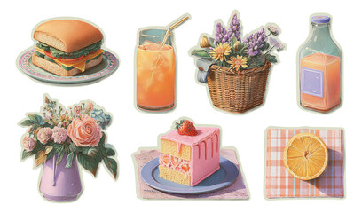 Colorful Collection of Isolated Food and Drink Objects with Floral Accents