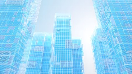 Futuristic city skyline with glowing blue digital grid overlay and bright light in the center