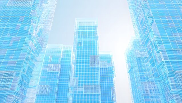 Futuristic city skyline with glowing blue digital grid overlay and bright light in the center
