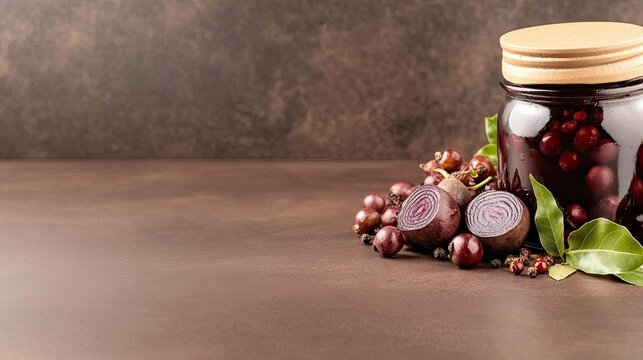 Pickled red beets in a glass jar feature fresh sliced red onion and a bay leaf, set against a textured backdrop for a rustic touch - Powered by Adobe