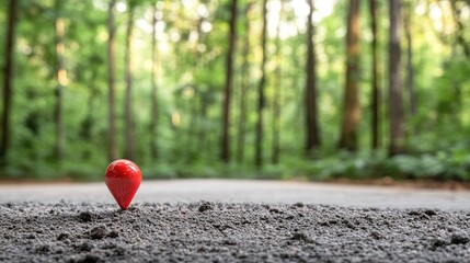 A bright red location pin marks the asphalt road surrounded by a stunning forest, illuminated by warm sun rays and soft bokeh