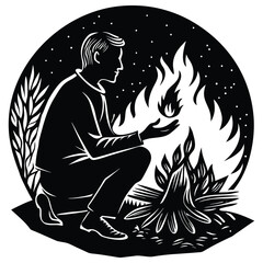 Man by Fire Silhouette Camping Illustration in Black and White Graphic on White Background