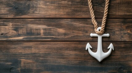 Small white anchor is suspended by a rope against a rustic wooden backdrop, creating a calm and inviting nautical aesthetic
