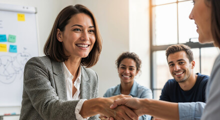 Obraz premium Confident businesswoman smiling and shaking hands with a colleague during a meeting in a modern office.