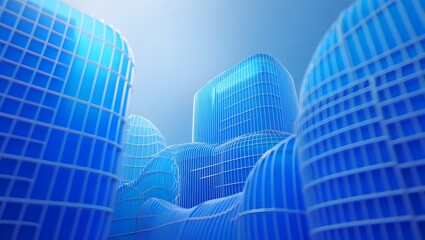 Abstract blue futuristic cityscape with geometric buildings and flowing water elements