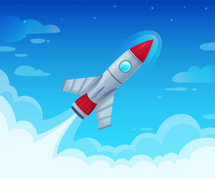 Rocket launching into blue sky, reaching for stars - Powered by Adobe