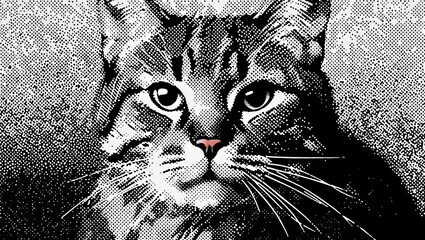 Close up portrait of a tabby cat with striking green eyes and a tiny red nose