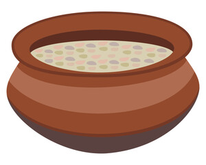 Traditional clay pot full of grain porridge flat vector illustration