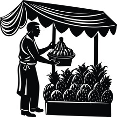 Fruit Vendor Silhouette at Market Stall Selling Pineapples and Other Tropical Fruits on White Background